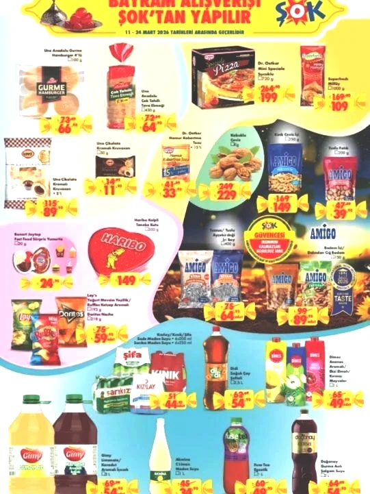 11 - 24 MART 2026 ŞOK AKTÜEL KATALOG Uno Çikolata kremalı kruvasan 50 g 11 TL Dr. Oetker Hamur kabartma tozu 15'li 33 TL Amigo Kabuklu ceviz 1 kg 229 TL Amigo Kırık ceviz içi 250 g 149 TL Amigo Tuzlu fıstık 200 g 39 TL Bonart Joytop sürpriz yumurta 24 TL 